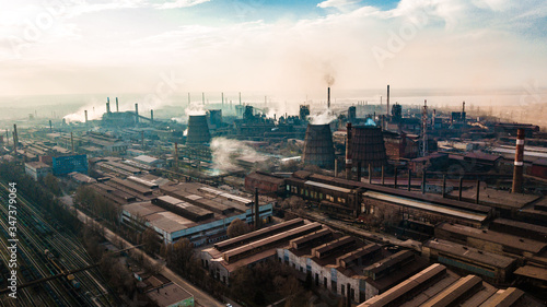 metallurgical production plant full cycle smoke from pipes bad ecology aerial photography