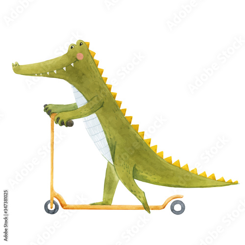 Beautiful vector stock illustration with cute watercolor crocodile on scooter. Baby alligator hand drawn painting.