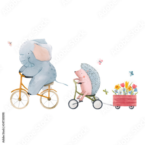 Beautiful vector stock illustration with watercolor hand drawn cute animals on transport.