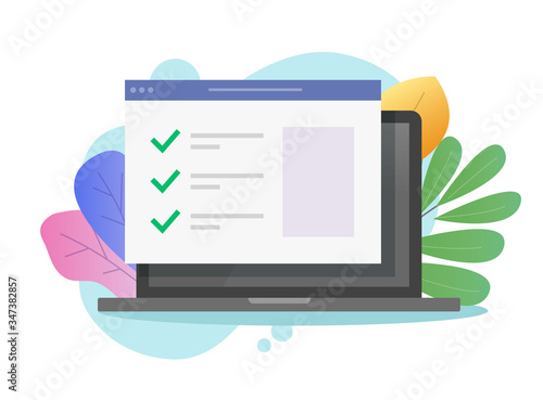 Website form with check list on laptop computer screen or pc with internet web check marks vector flat cartoon, illustrated screen with online ticks as quiz or survey, idea of to do list modern image