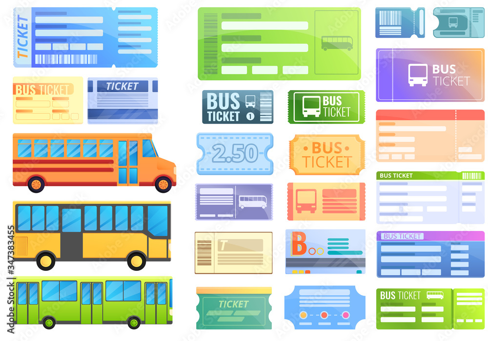 Bus ticketing icons set. Cartoon set of bus ticketing vector icons for web design