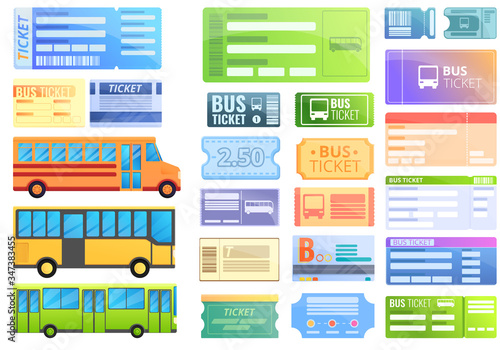 Bus ticketing icons set. Cartoon set of bus ticketing vector icons for web design