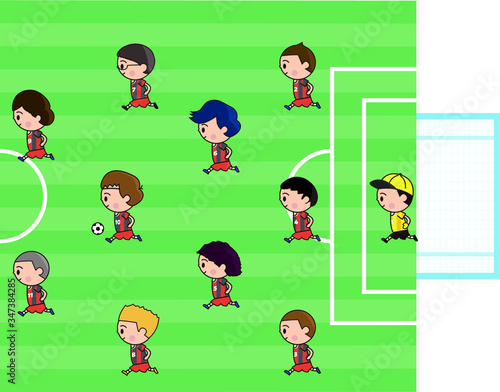 赤いユニフォームのサッカー男子チームのイラスト
