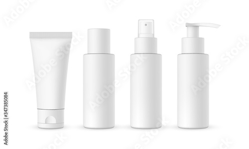 Blank cosmetic packaging mockup: tube, spray, bottle with press pump. Vector illustration