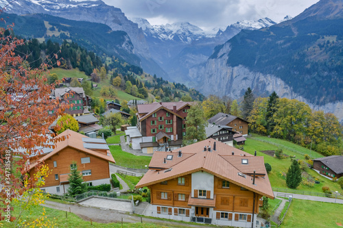 Beautiful View Of Wengen Village In Switzerland. Wengen Is A Swiss Alpine Village In The Bernese Oberland Region And Its Known For Its Timber Chalets And Hotels