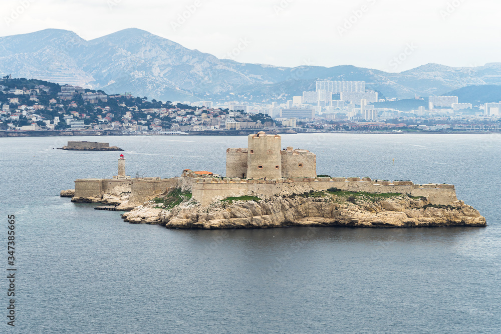 Tha famous prison Chateau d'If seen from  Ratonneau island in the bay of Marseille, France