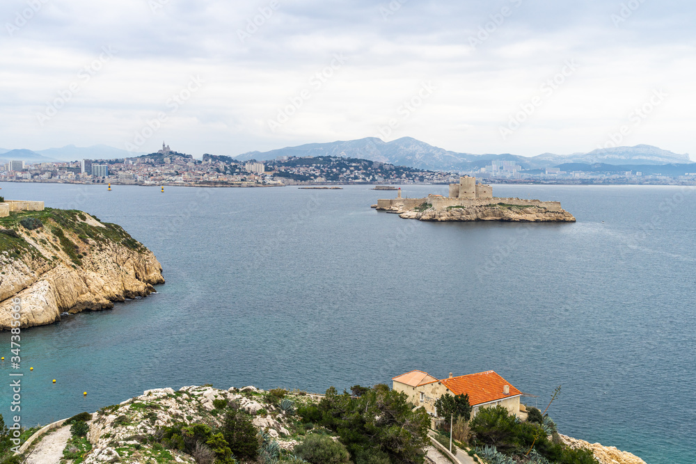 Tha famous prison Chateau d'If seen from  Ratonneau island in the bay of Marseille, France