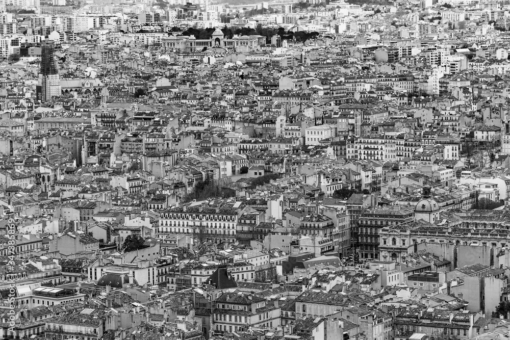 Black and white aerial view of Marseille historic center seen from Notre Dame de la Garde viewpoint, France Black and white aerial view of Marseille historic center seen from Notre Dame de la Garde viewpoint, France