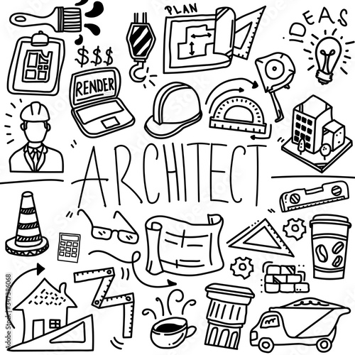 Architect Doodle Profession Line Icon Sketch, Construction Doodle Icon, Hand Made Vector Art, Architect Stuffs business concept