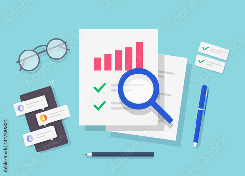 Research of audit report or financial risk access evaluation top view working desk table vector flat cartoon, workplace or desktop and sales data reporting document or business analytics modern design