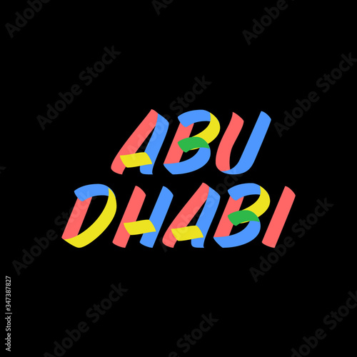Abu Dhabi sign brush paint lettering on black background. Capital city of Arab Emirates design templates for greeting cards, overlays, posters