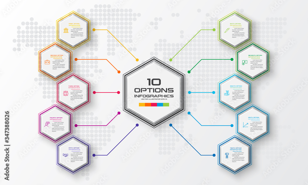 Hexagon business infographics template with 10 options in white color background Hexagon business infographics template with 10 options in white color background