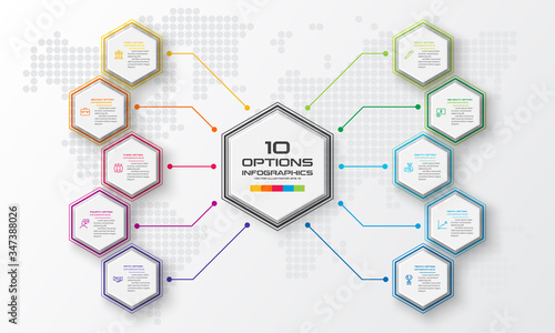 Hexagon business infographics template with 10 options in white color background