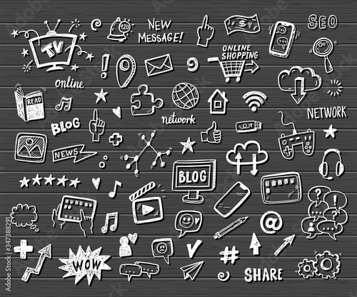 Social Media, digital marketing, internet network icons set. Vector hand drawn isolated objects. Doodle and sketch style .