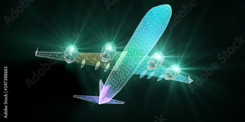 Abstract futuristic 3d grid airplane with color blurred lines on black background. Big data. Wireframe mesh plane analytical concept with lens effects. Banner for travel, tourism, transport.