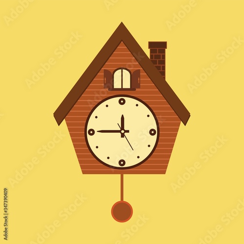 Vintage wall mounted Cuckoo clock alarm clock icon in flat design for your design isolated on yellow background. photo