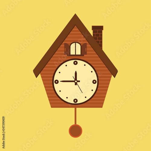 Vintage wall mounted Cuckoo clock alarm clock icon in flat design for your design isolated on yellow background.