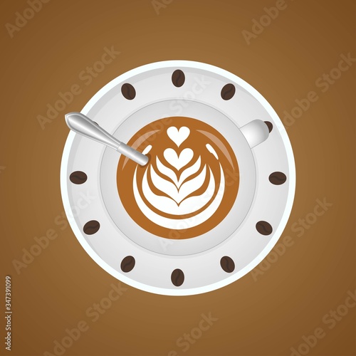 3d realistic coffee in white cup view from the top. Latte art in realistic cups.