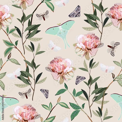 Seamless vector pattern with butterflies and moths among the bushes with branches and inflorescences of pink roses on a light beige, cream background. Floral repeating square tamplate for fabric 