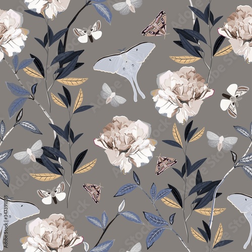 Seamless vector pattern with butterflies and moths among the bushes with branches and inflorescences of pink roses on a light beige, cream background. Floral repeating square tamplate for fabric