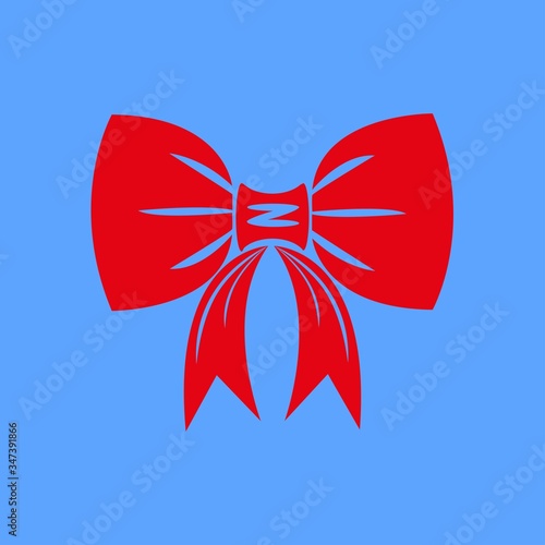 Icon of red bow isolated on blue background. Red bow is suitable for decorating cards for the holidays.