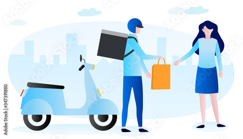 A woman receives motorbike food delivery item in a paper bag with city background.