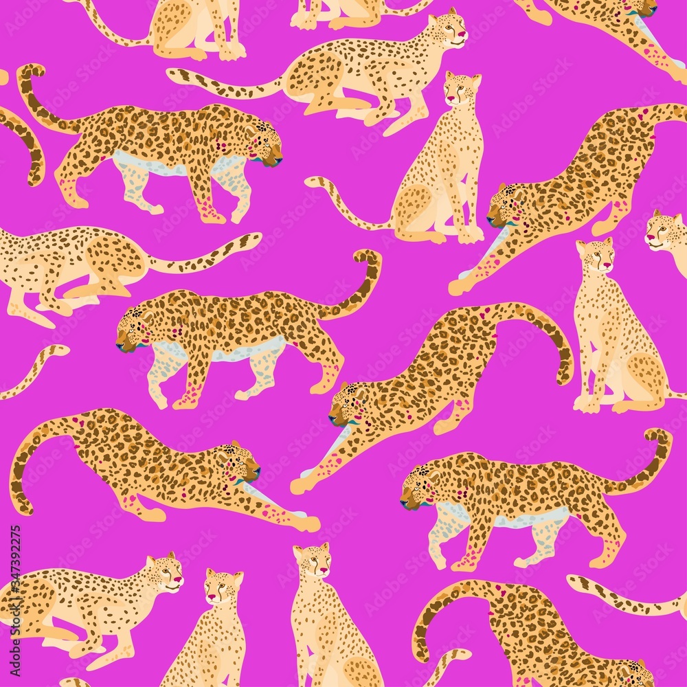 Obraz premium Seamless vector pattern with different big spotted cats - jaguars and leopards, on white, light cream background. Square template with predators for fabric and wallpaper