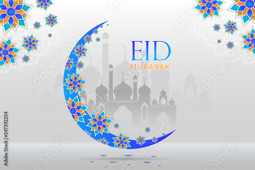 Eid Mubarak Background Greeting and Wishes with Beautiful Floral Moon and Masjid.