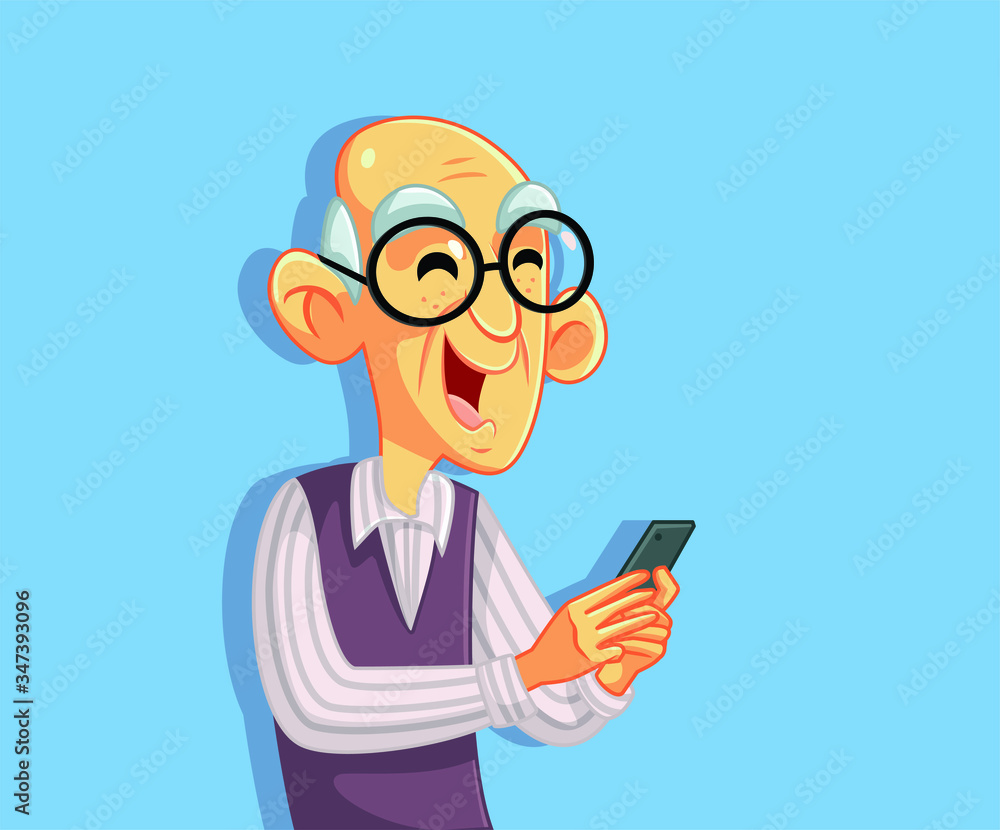 Senior Old Man Using Smartphone Cartoon Character Senior Old Man Using Smartphone Cartoon Character