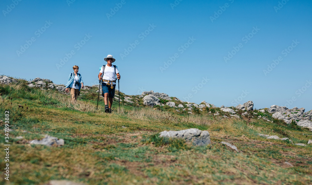 Senior couple practicing trekking together outdoors
