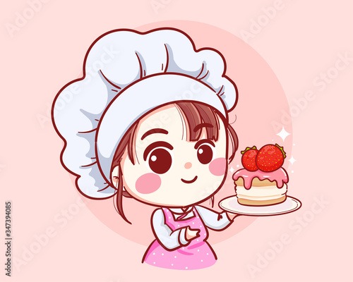 Cute Bakery chef girl Holding a cake smiling cartoon art illustration logo. Premium Vector