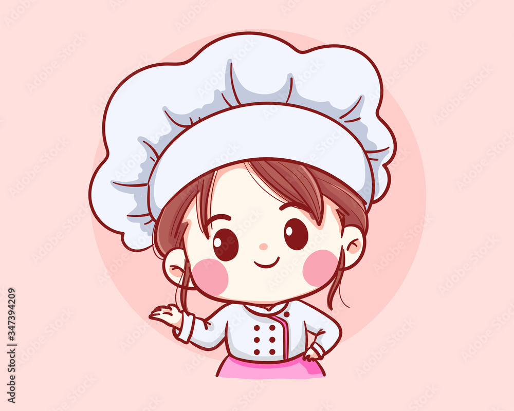 Cute Bakery chef girl welcome smiling cartoon art illustration logo. Premium Vector Cute Bakery chef girl welcome smiling cartoon art illustration logo. Premium Vector