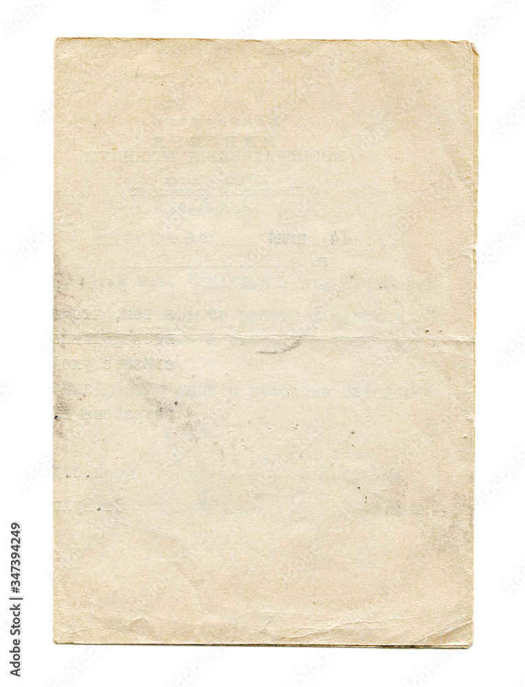 Vintage light paper blank with old spots isolated on white background. Old paper texture for design.