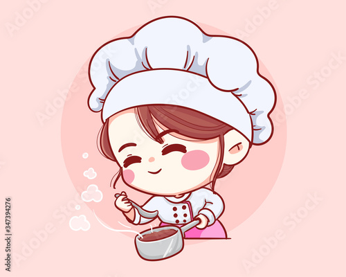 Cute Bakery chef girl taste smiling cartoon art illustration logo. Premium Vector