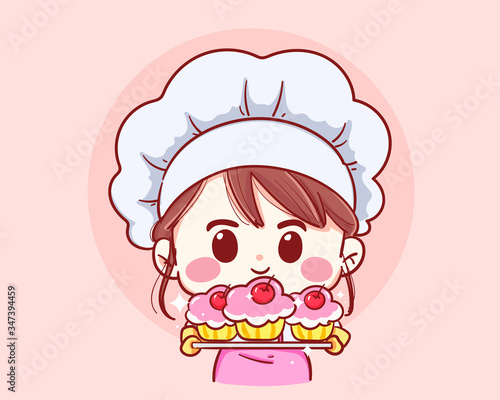 Smiling girl holding baking tray with homemade cake wearing apron isolated