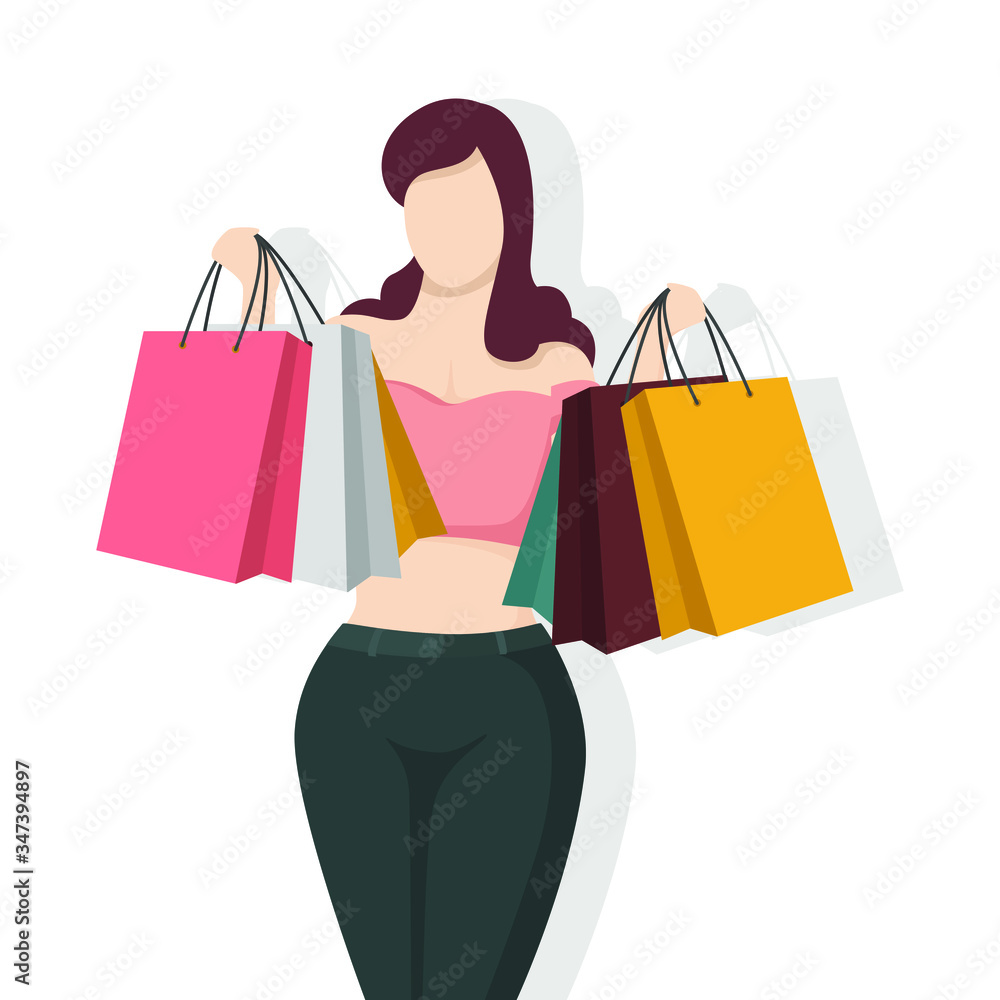 Happy woman with shopping bag in modern flat style, simple people and fashion concept on white background.