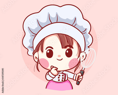 Cute  Bakery chef girl holding whisk cartoon Vector art illustration