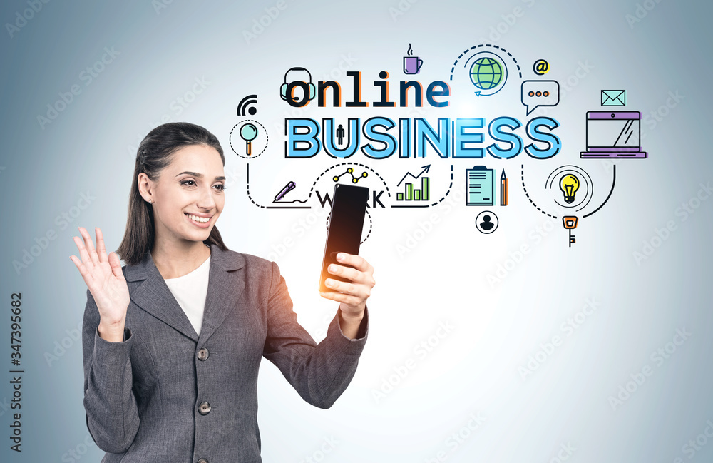 Video chatting woman, online business icons Video chatting woman, online business icons