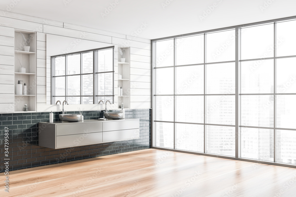 Wooden and grey brick bathroom corner, double sink Wooden and grey brick bathroom corner, double sink