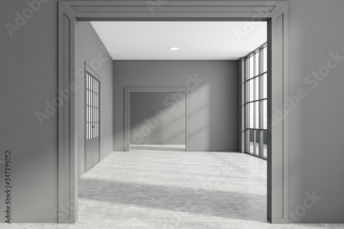 Empty apartment interior with gray walls