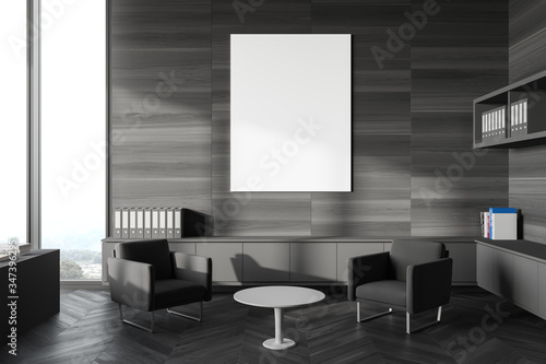 Gray wooden office waiting room with poster