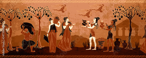 Ancient Greece. Horizontal seamless pattern. Old history and culture.  Goddesses and people. Black figure pottery style. Greek mythology art