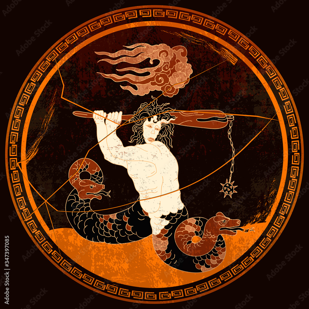 Greek vase painting concept. Medusa Gorgon. Meander circle style. Red  figure techniques. Ancient Greece art. Mythology and legends Stock Vector |  Adobe Stock