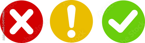 Set of round marks, cross, exclamation point, checkmark icons, buttons on white background.
