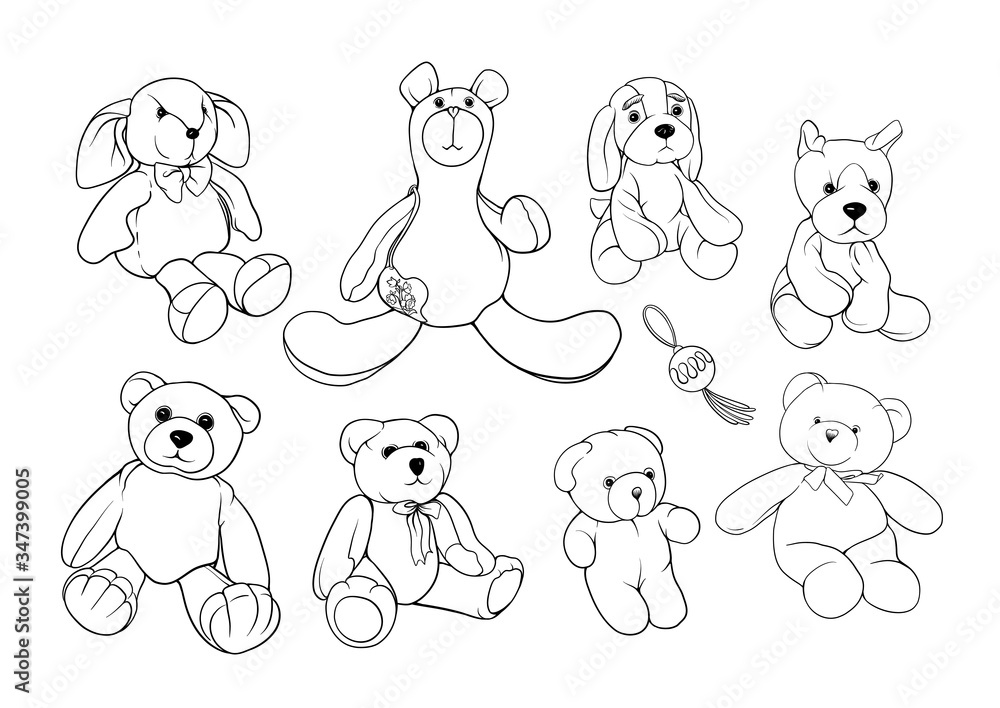 Set of Teddy bears, hare and dogs stuffed hand maade toys. Colored vector illustration. Isolated on white background.