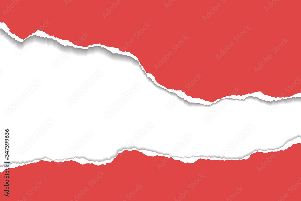 Torn, ripped pieces of horizontal red paper with soft shadow are on white background for text. Vector illustration Torn, ripped pieces of horizontal red paper with soft shadow are on white background for text. Vector illustration