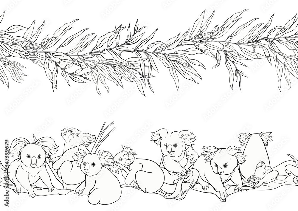 Koala bear seamless pattern. Outline hand drawing vector illustration. Koala bear seamless pattern. Outline hand drawing vector illustration.