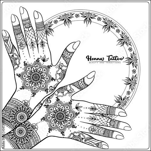 Female hands with traditional indian henna tattoo. Template for tottoo salon banner, wedding invitation, gift voucher, label. Outline vector illustration.