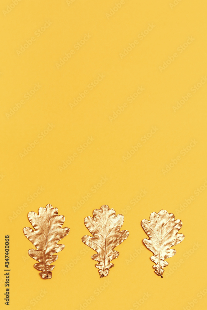 Creative golden painted herbarium leaves of oak trees. Autumn season concept. Gold autumn. Decoration plant on yellow paper background with copy space.