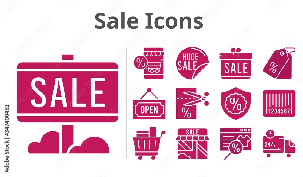 sale icons set. included gift, online shop, sale, shop, voucher, price tag, shopping cart, warranty, delivery truck, barcode, open icons. filled styles.